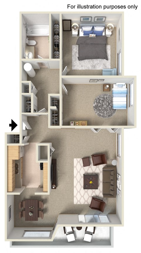Floor plan for 2 beds, 1 bath, 1021 sqft